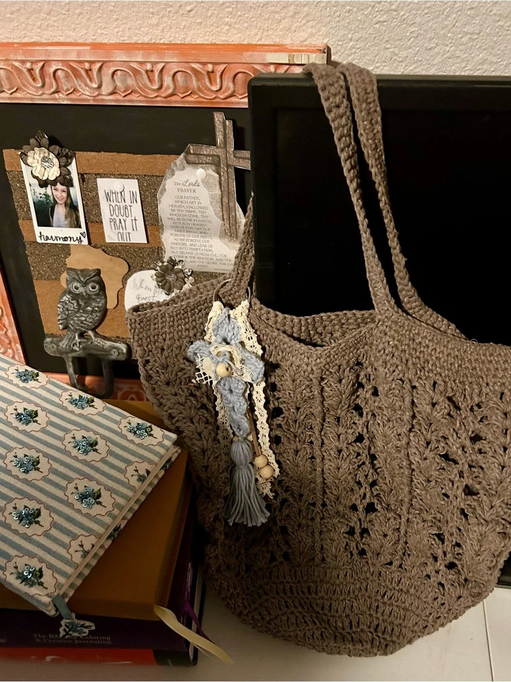 Handmade Crochet Tote Bag with Blue Tassel Charm
